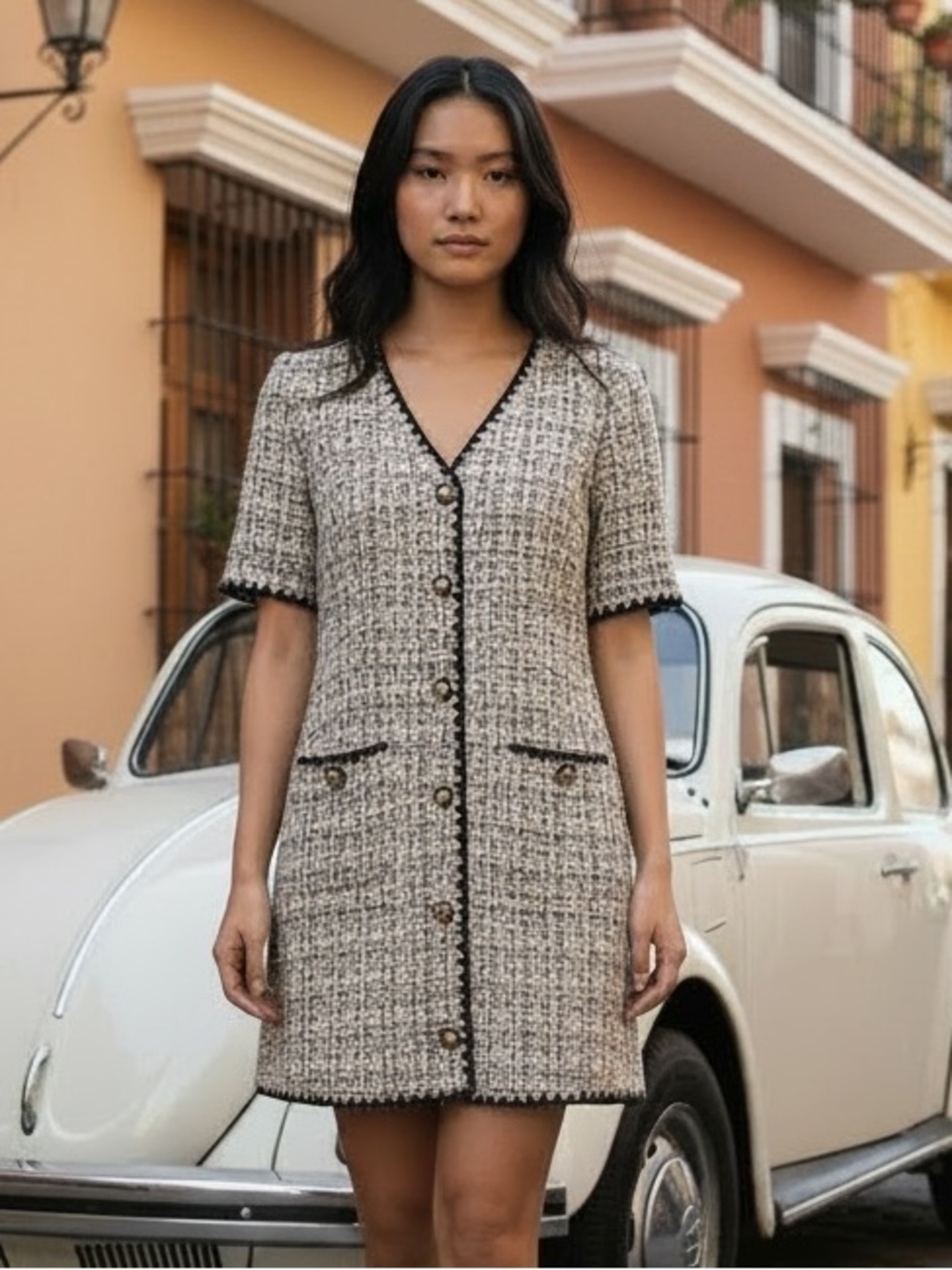 Pomander Place NEW White Tweed Retro Josephine Mini Dress in White Black Size S